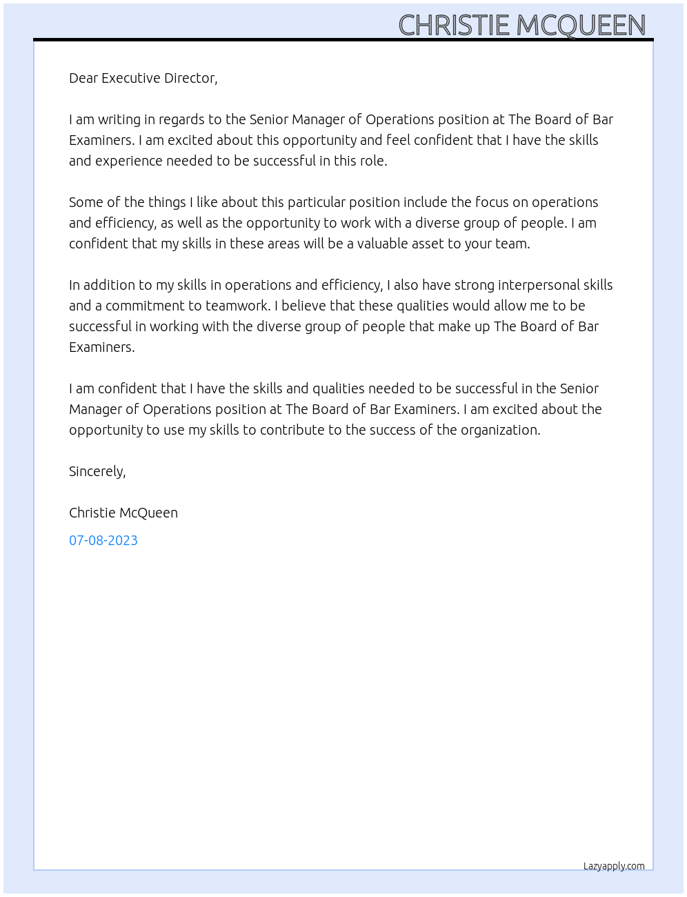 Senior Manager of Operations  At The Board of Bar Examiners Cover Letter