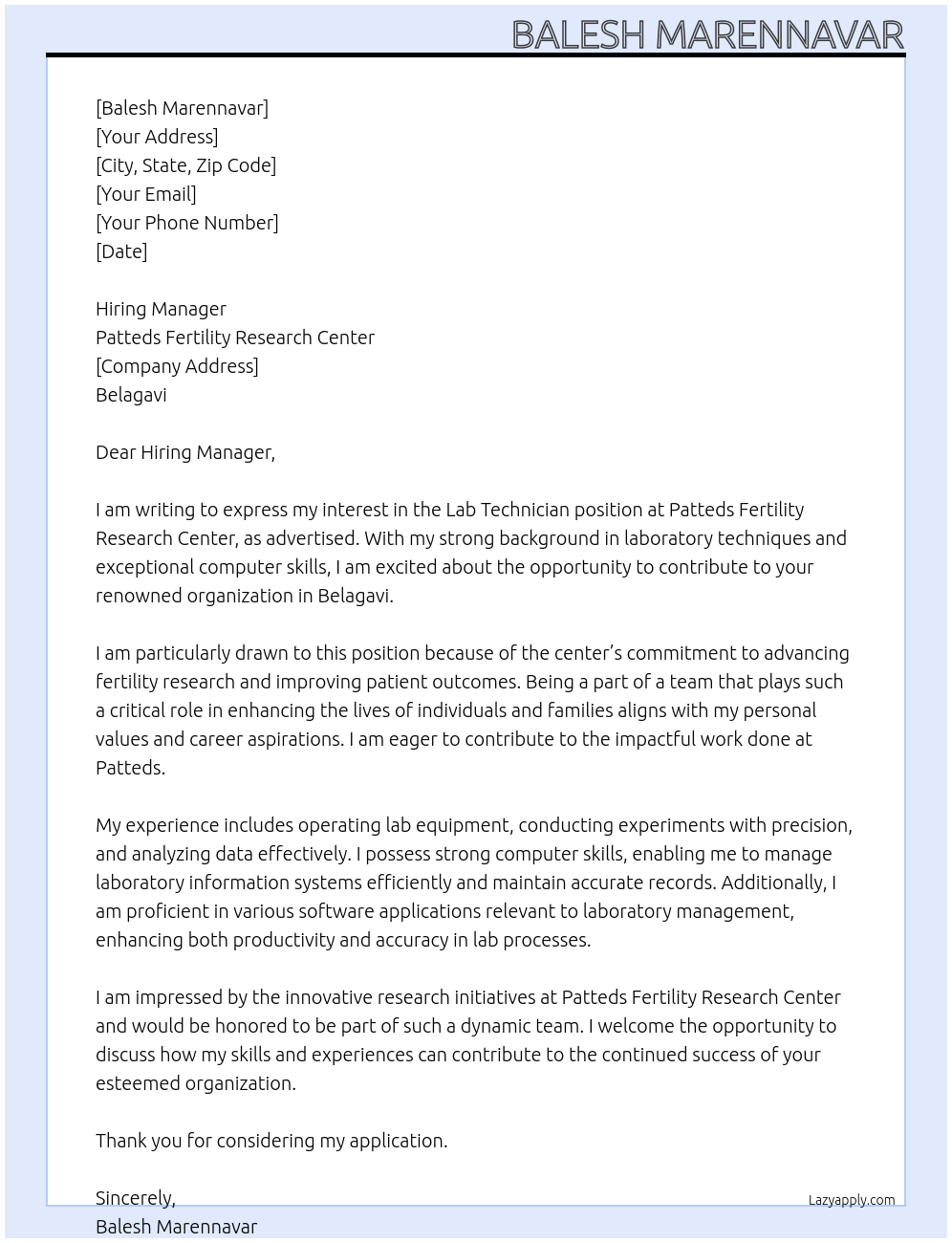 Cover letter for lab technician - LazyApply