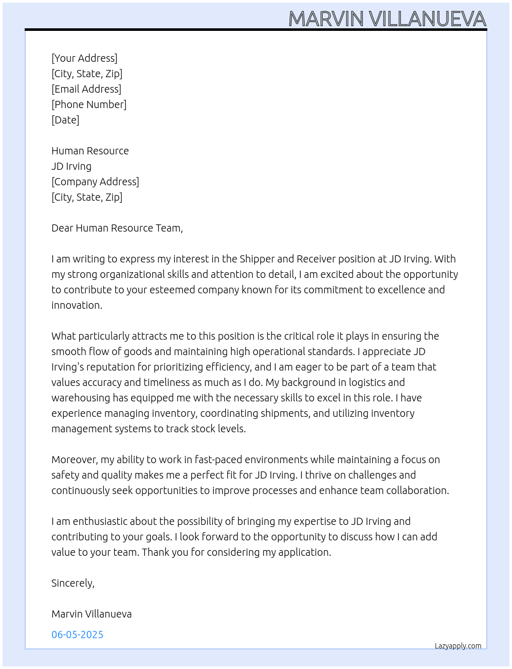 Shipper and Receiver At JD Irving Cover Letter