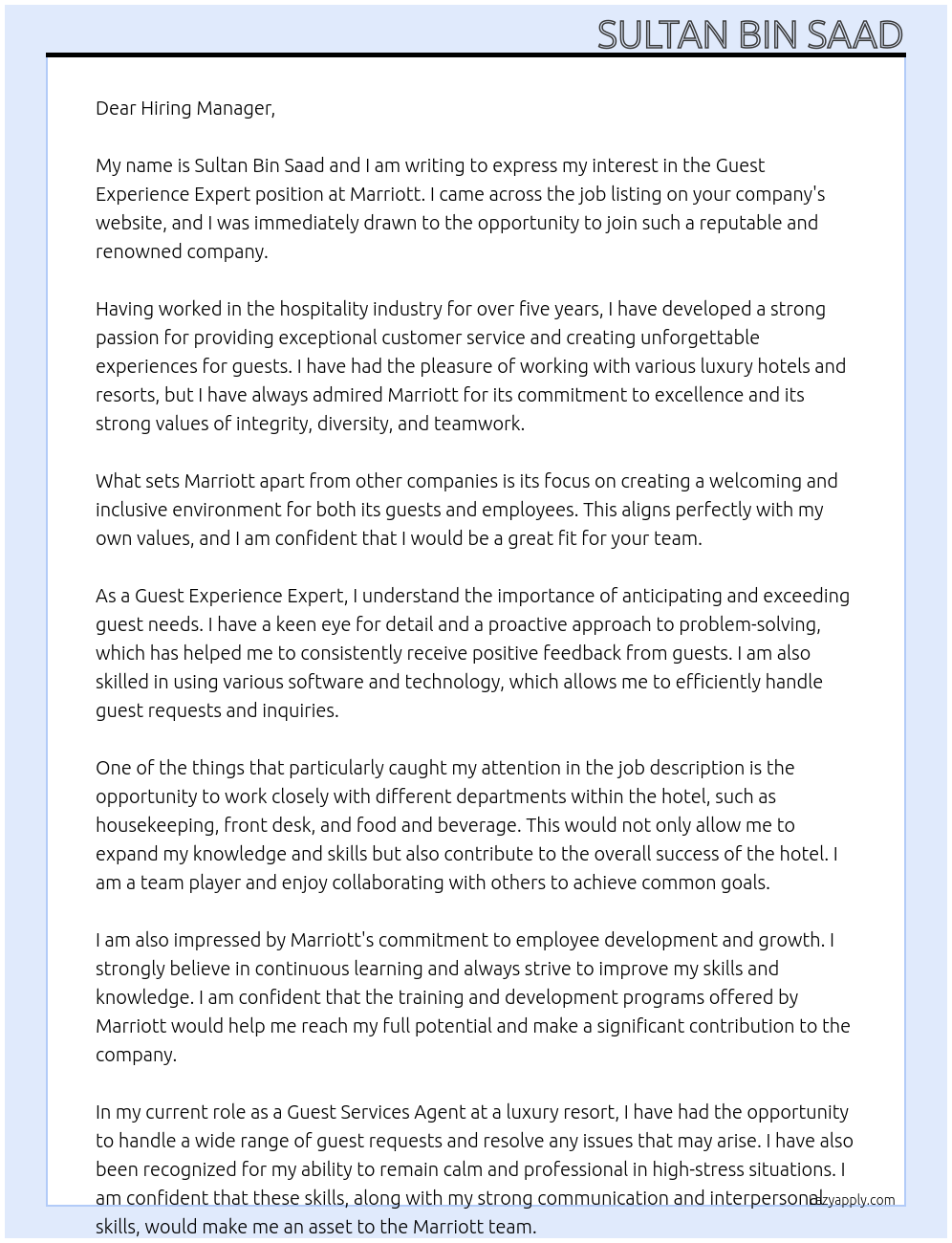 Guest Experience Expert At Marriott Cover Letter