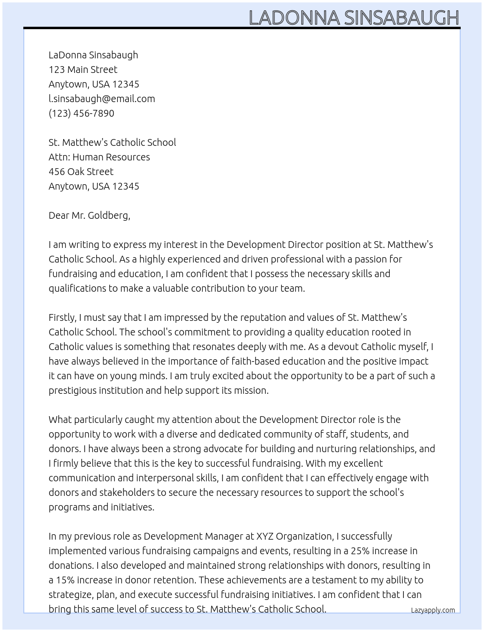 Development Director At St. Matthew's Catholic School Cover Letter