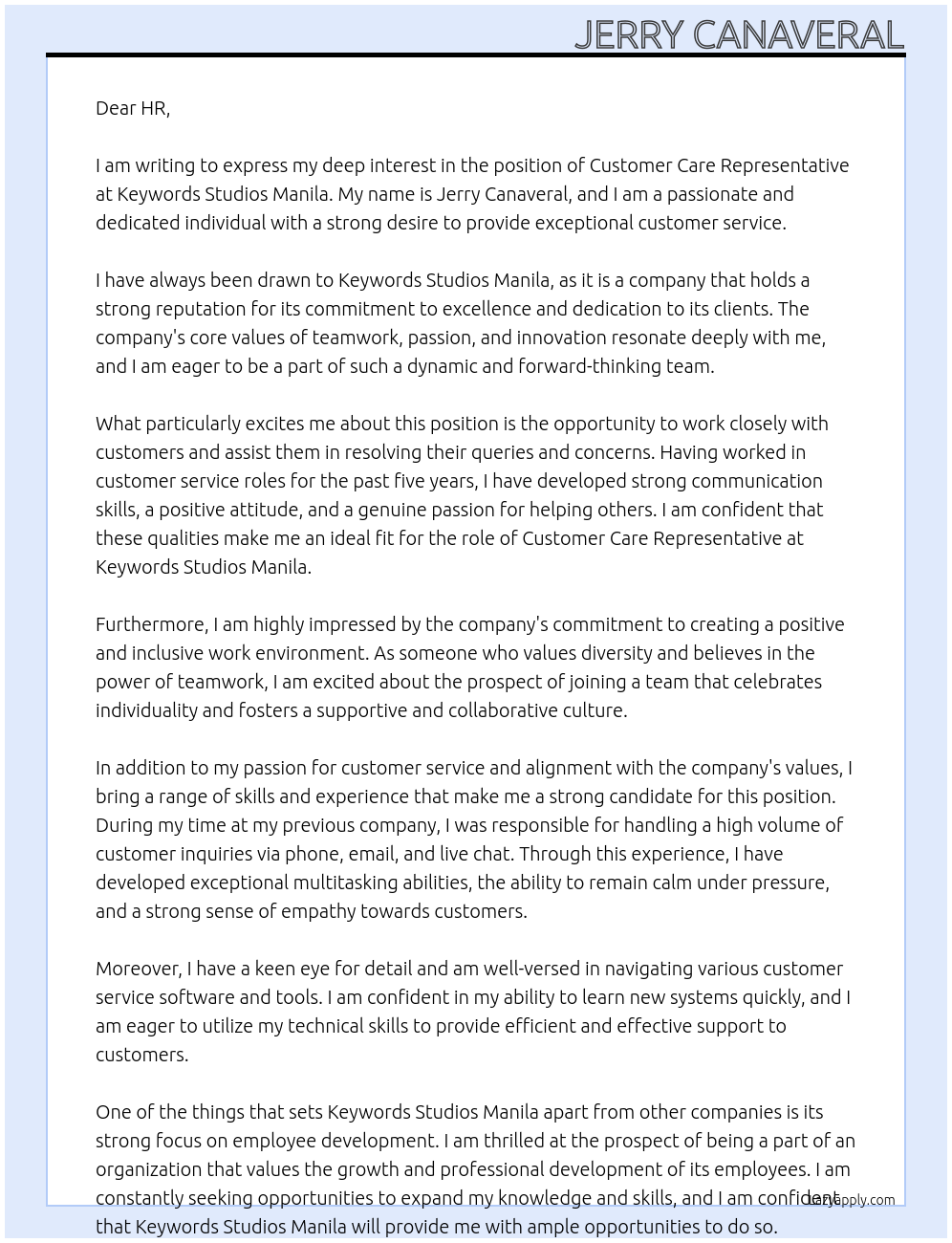 Customer Care Representative At Keywords Studios Manila Cover Letter