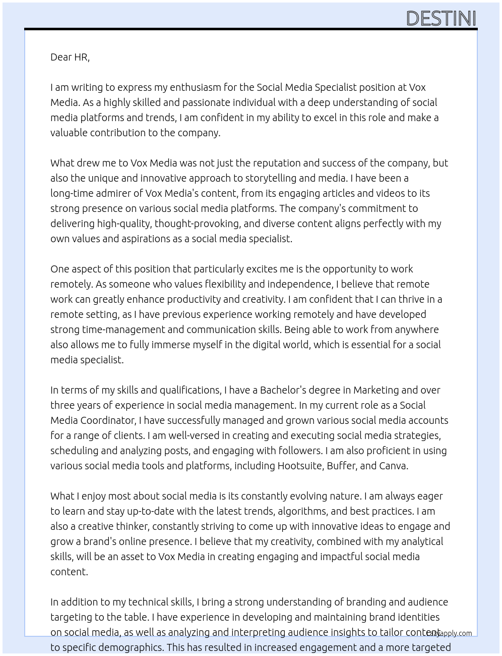 Social Media Specialist At Vox Media Cover Letter