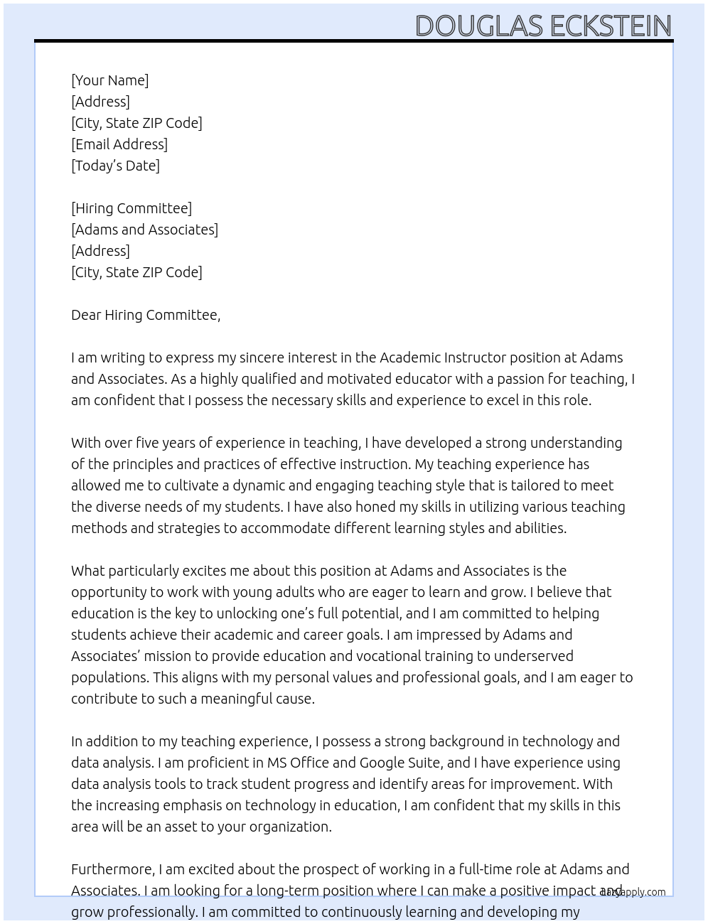 Cover letter for academic instructor - LazyApply
