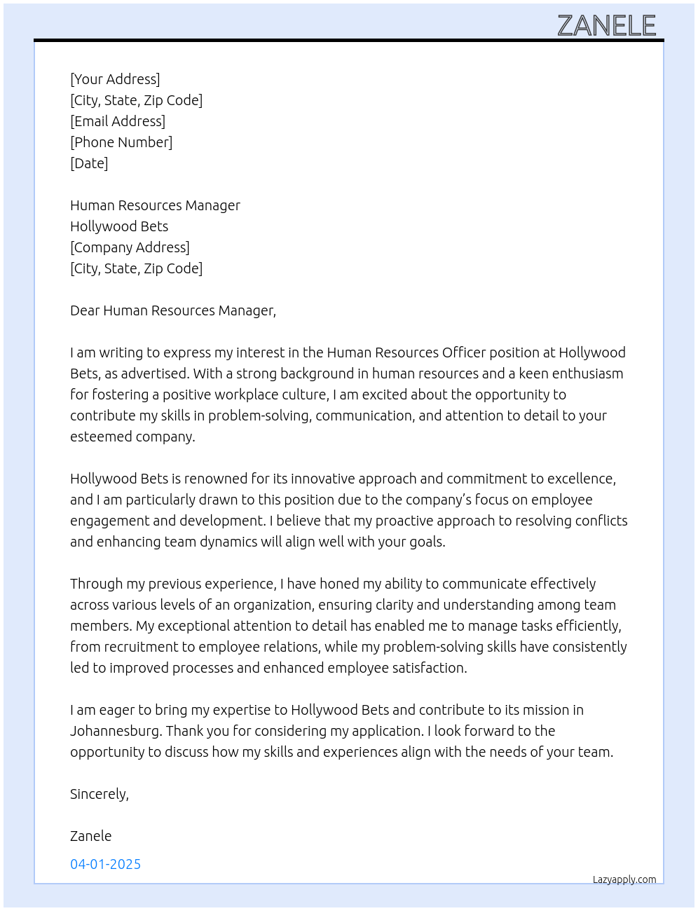 Human Resources Officer At Hollywood bets Cover Letter