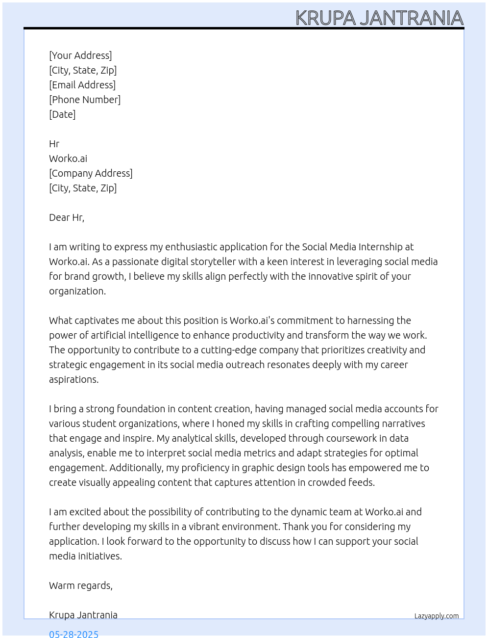 Social Media Internship At worko.ai Cover Letter