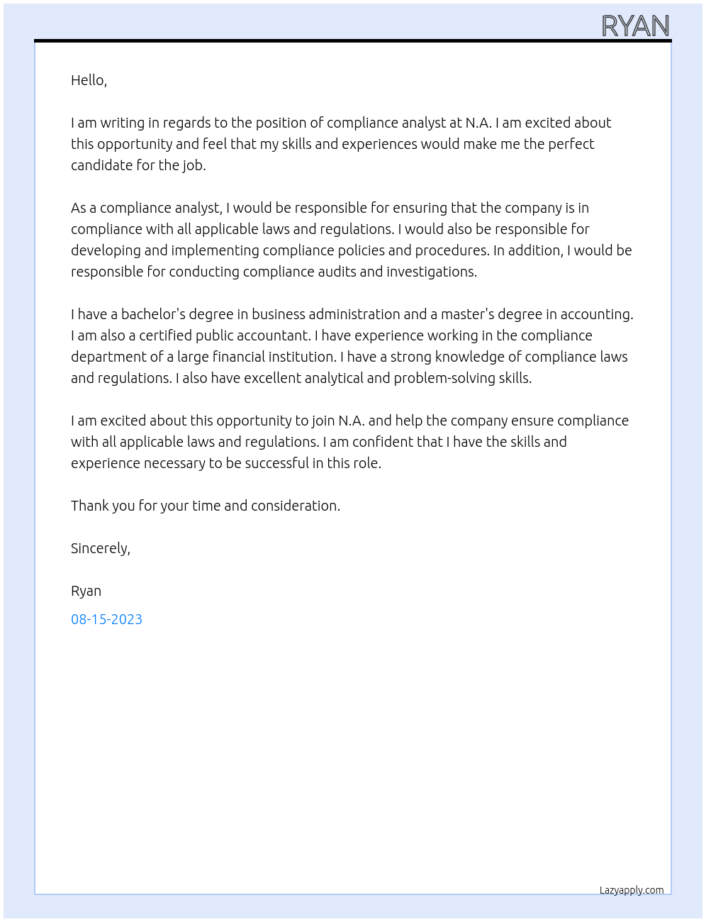 Compliance Analyst At N.A Cover Letter