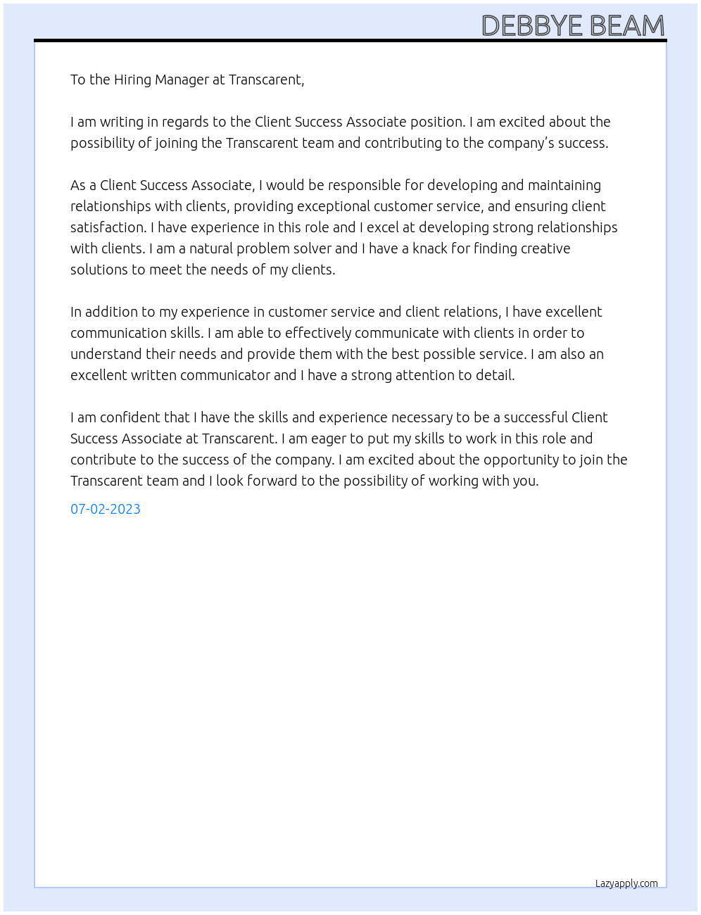 Client Success Associate At Transcarent Cover Letter