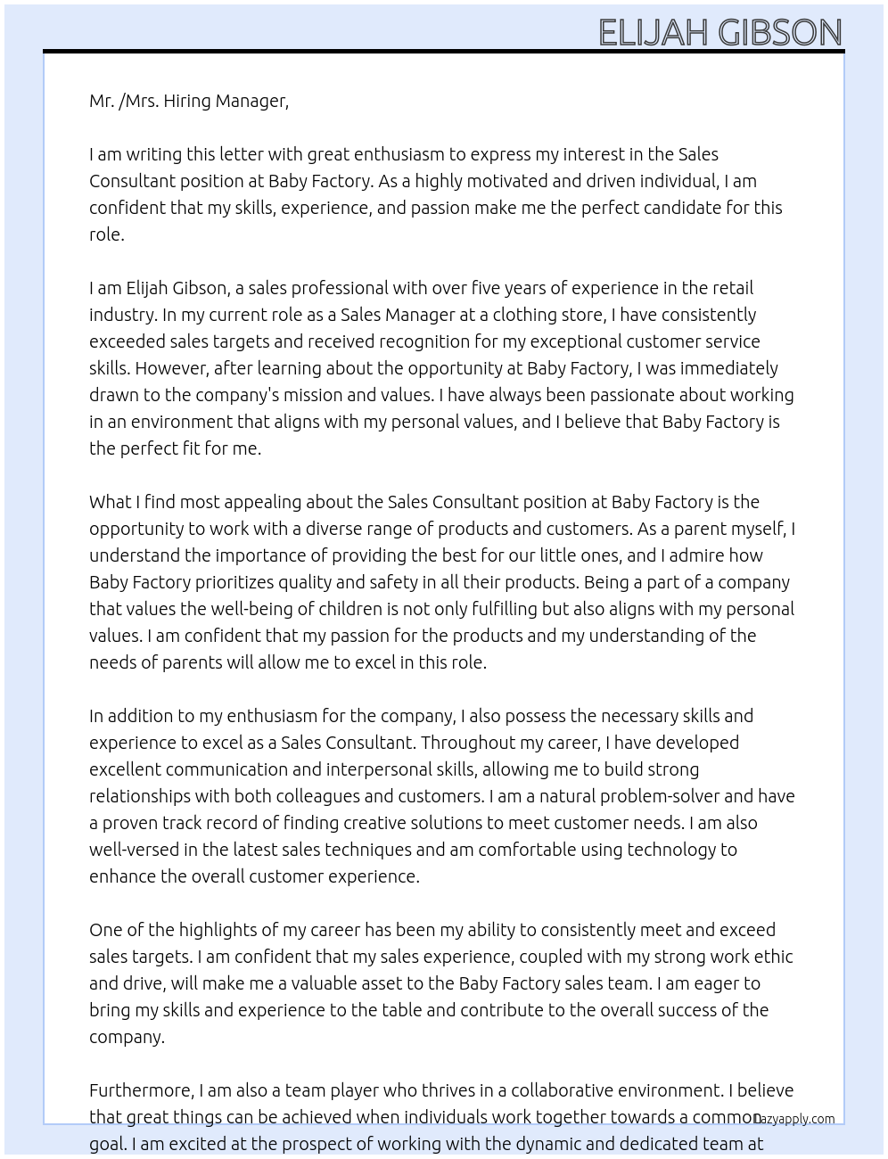 Sales Consultant At Baby Factory Cover Letter