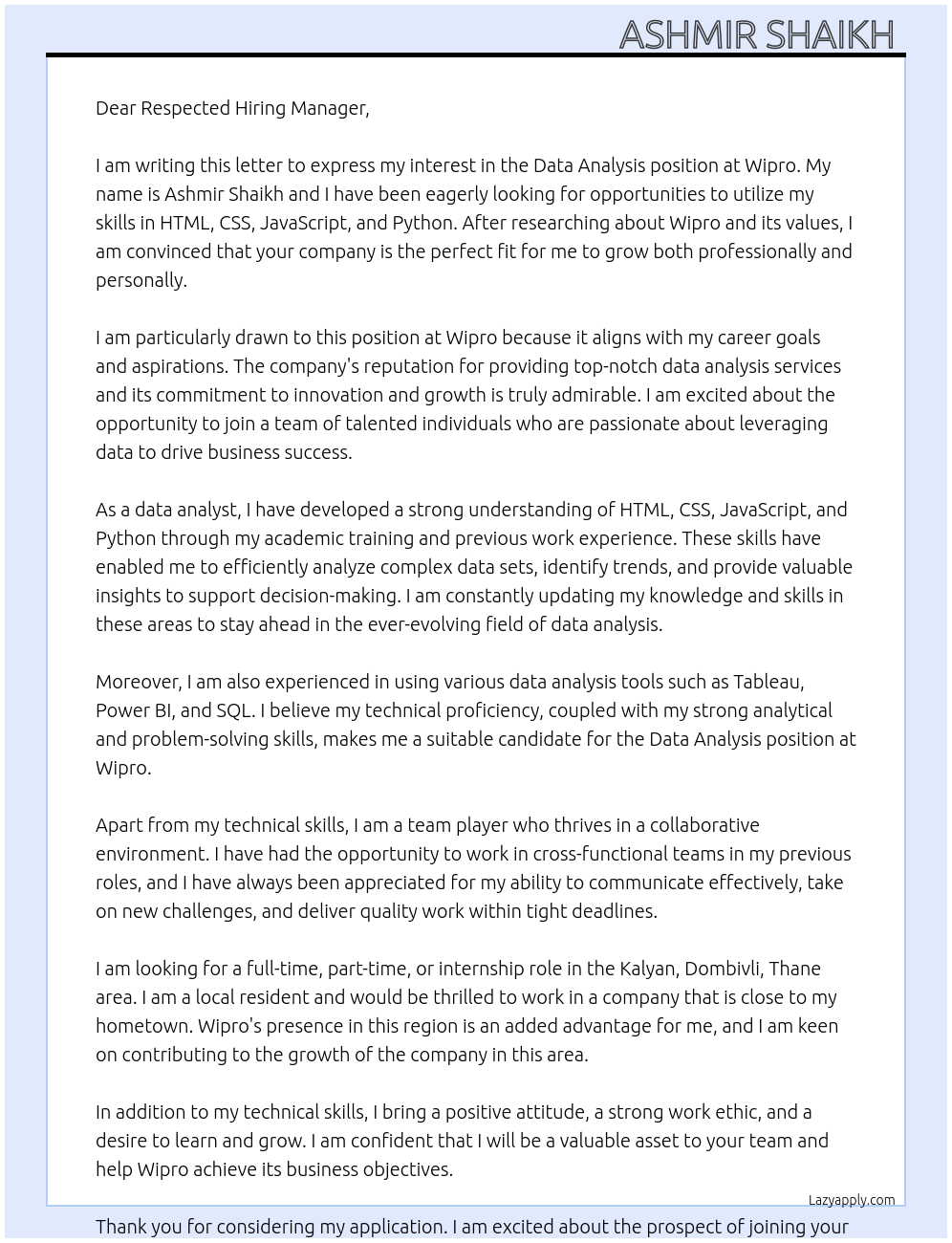 Data analysis, At Wipro Cover Letter