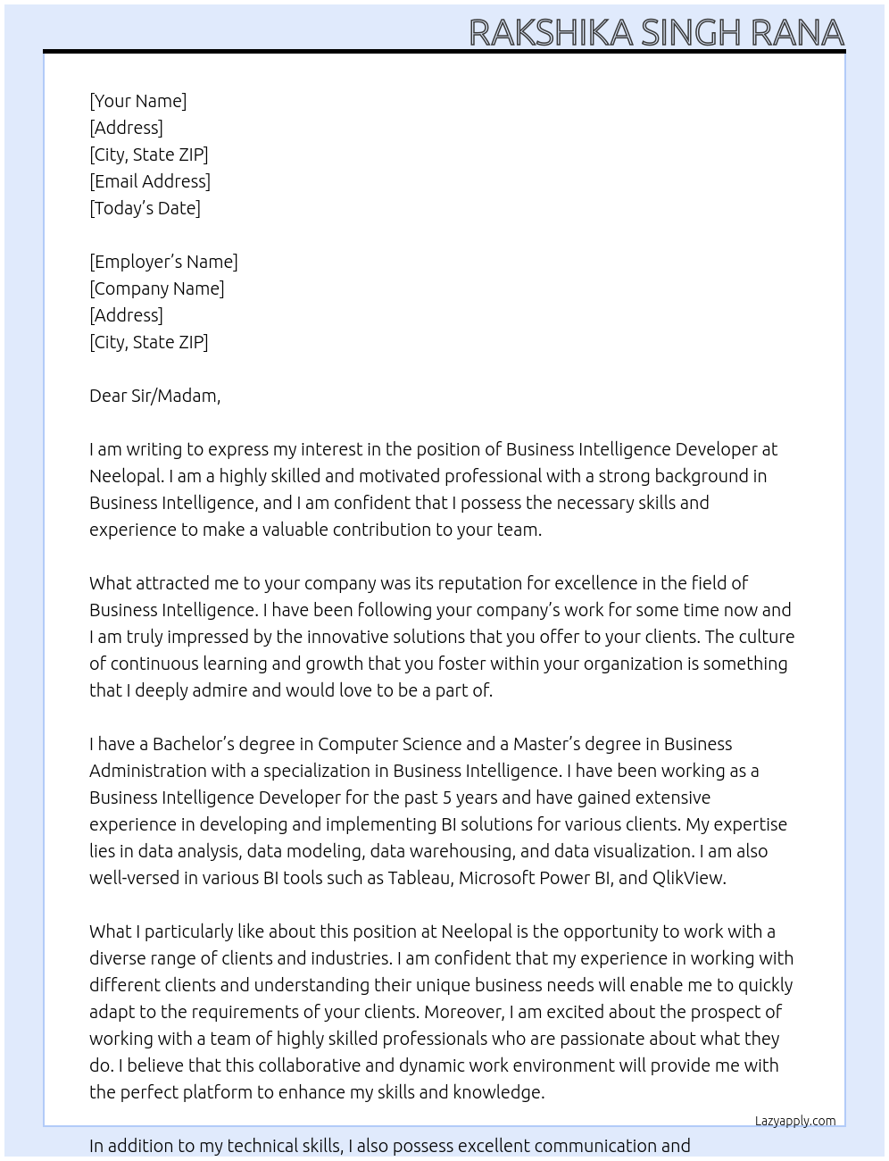 Business Intelligence Developer At Neelopal Cover Letter