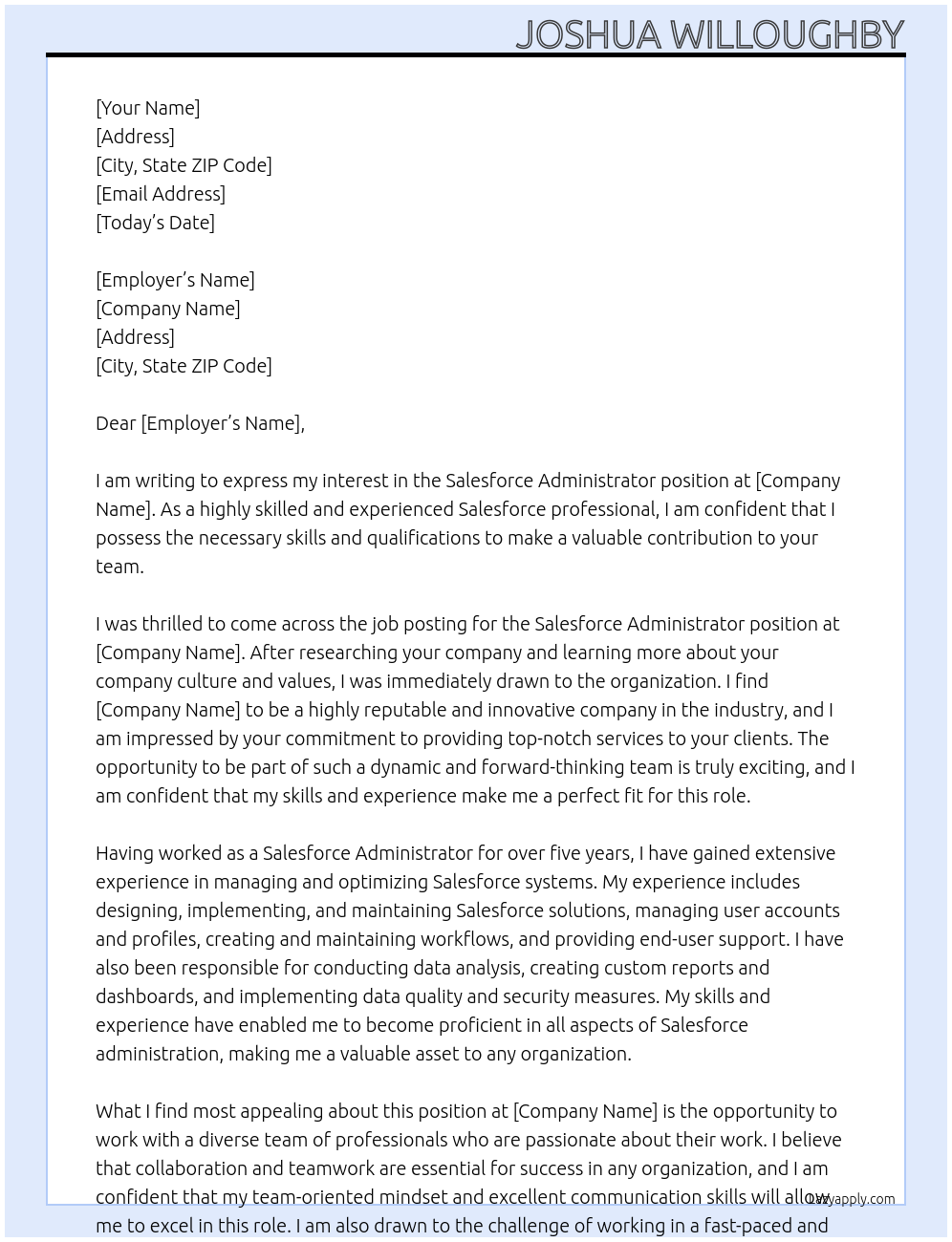 Salesforce Administrator At first Cover Letter