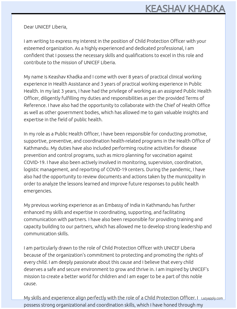 Child Protection Officer At UNICEF Liberia Cover Letter