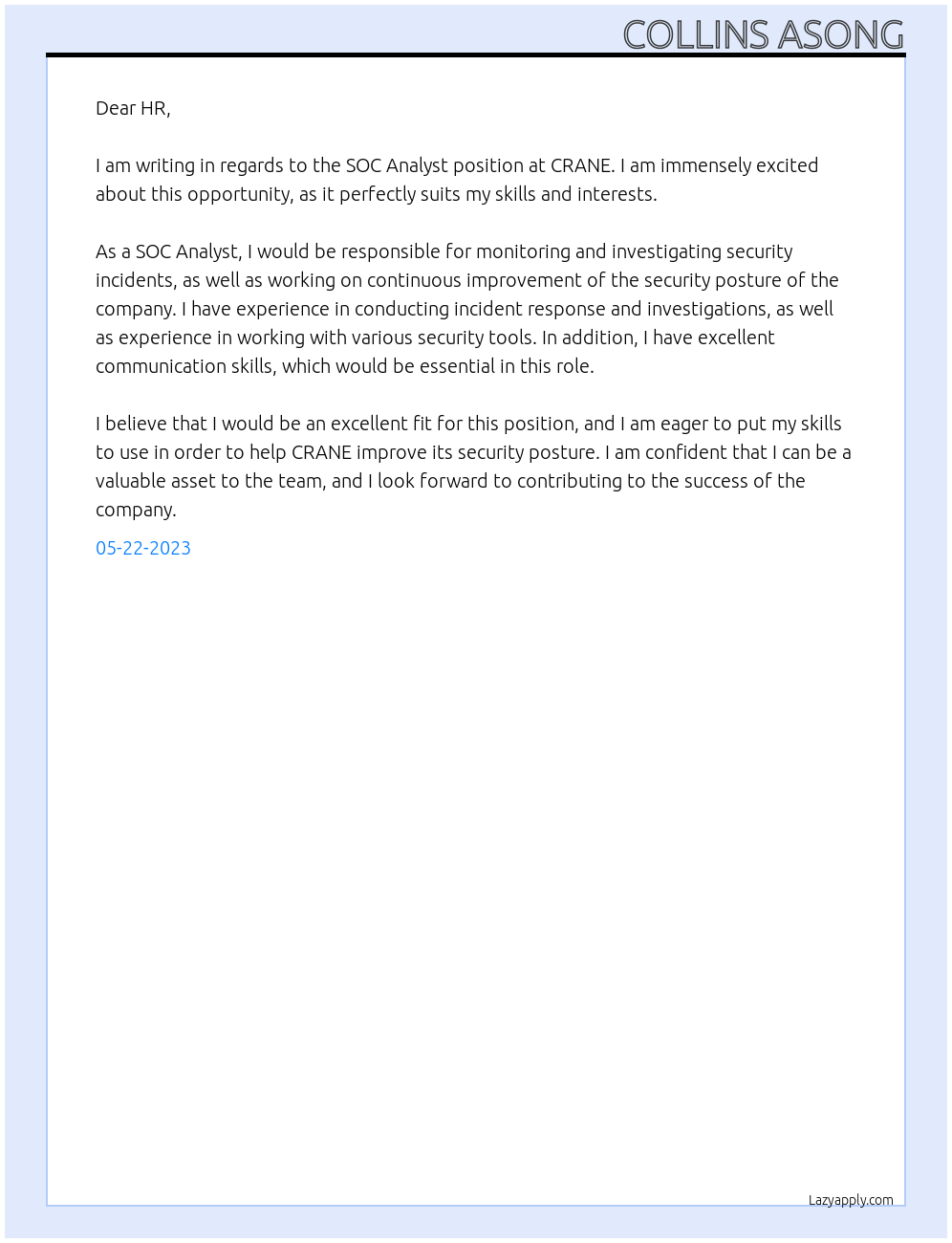 SOC Analyst At CRANE Cover Letter
