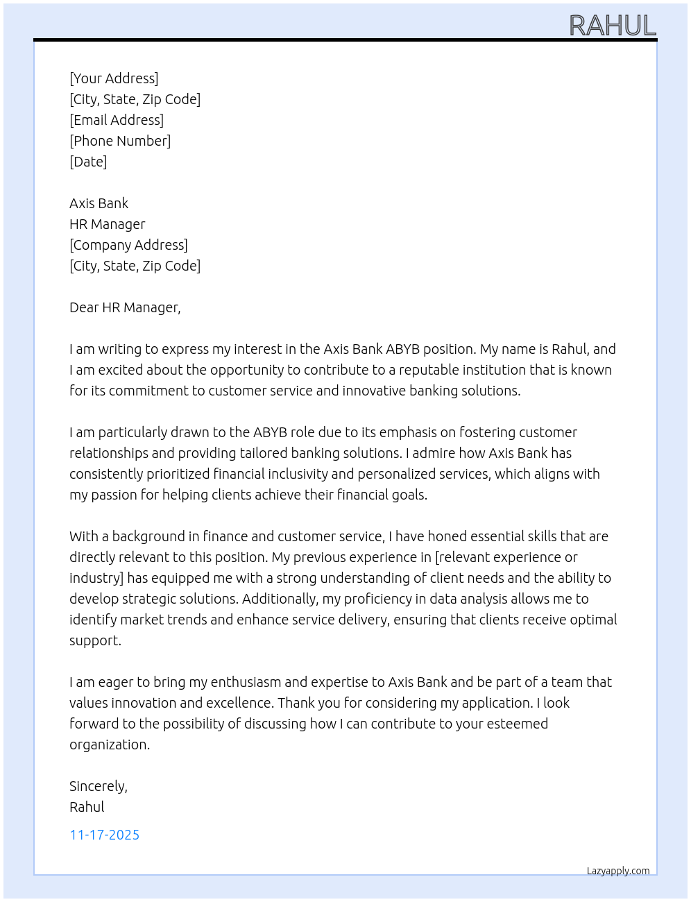 Axis Bank ABYB At Axis Bank Cover Letter