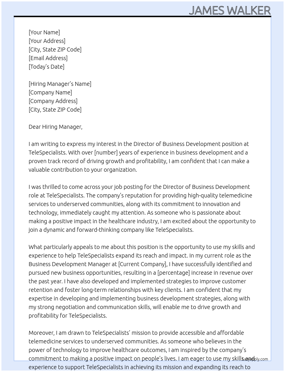 Director of Business Development At TeleSpecialists Cover Letter