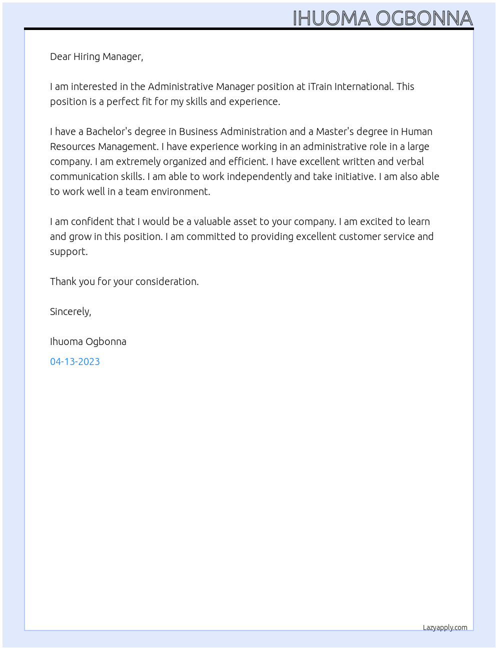 Administrative Manager At  iTrain International Cover Letter