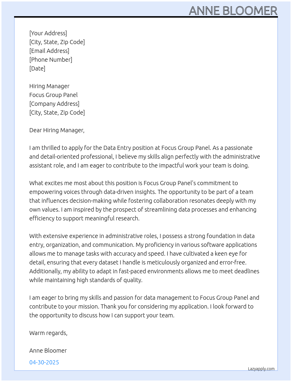 Data Entry At Focus Group Panel Cover Letter