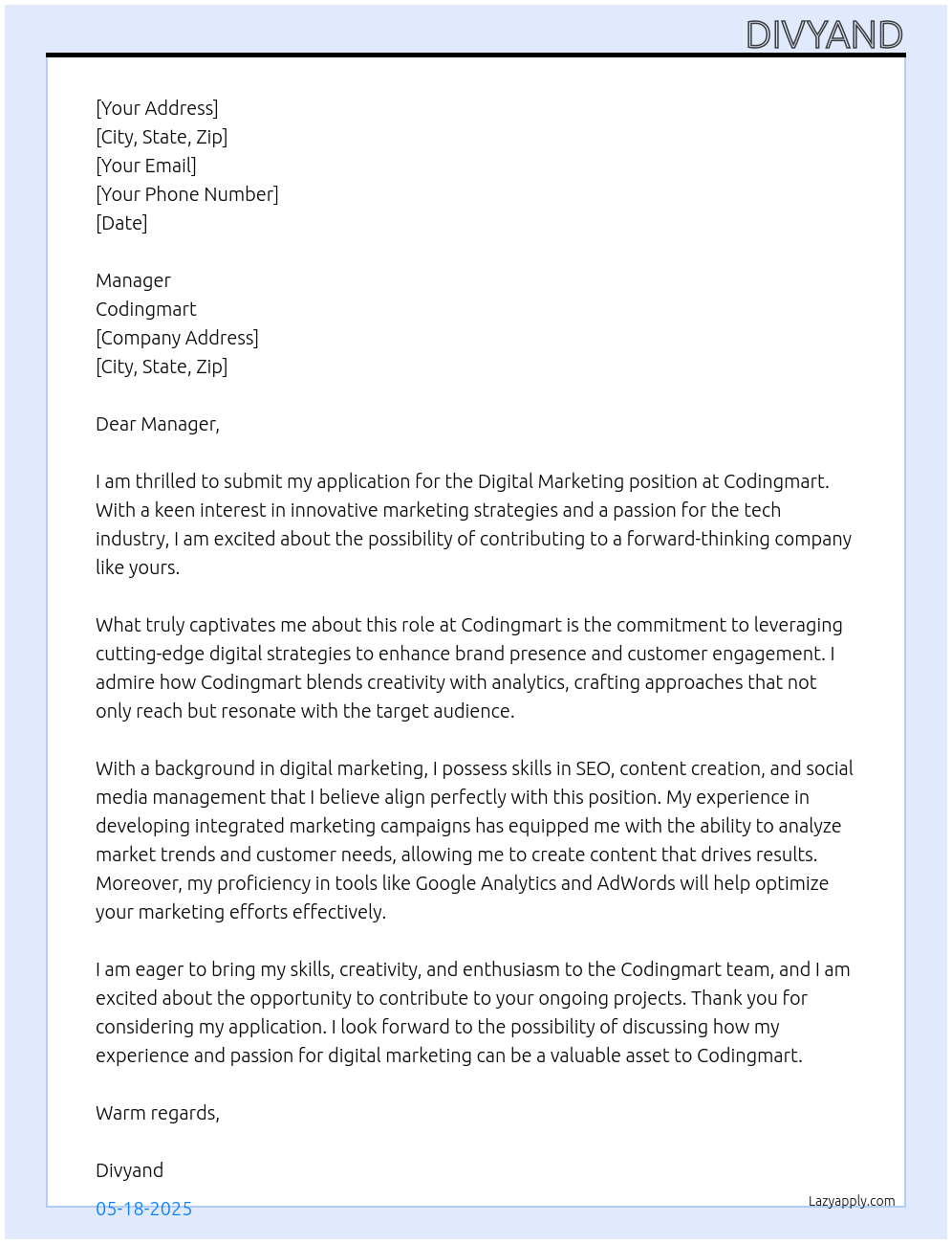 Digital marketing At Codingmart Cover Letter