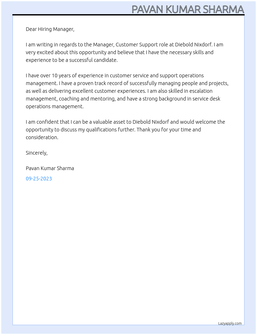 Manager , Customer support At Diebold Nixdorf  Cover Letter
