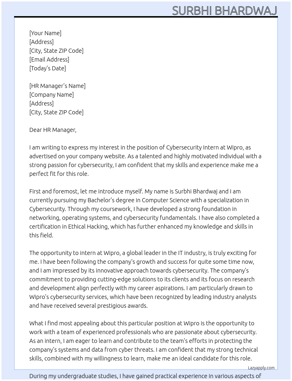 cybersecurity Intern At Wipro Cover Letter