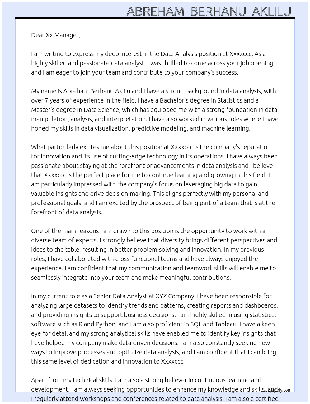 Data Analysis At Xxxxccc Cover Letter