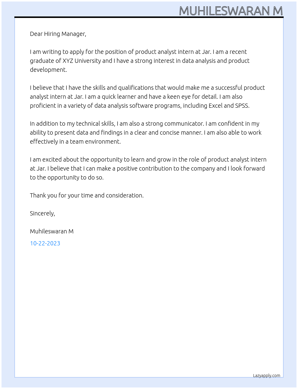 product analyst intern At Jar Cover Letter