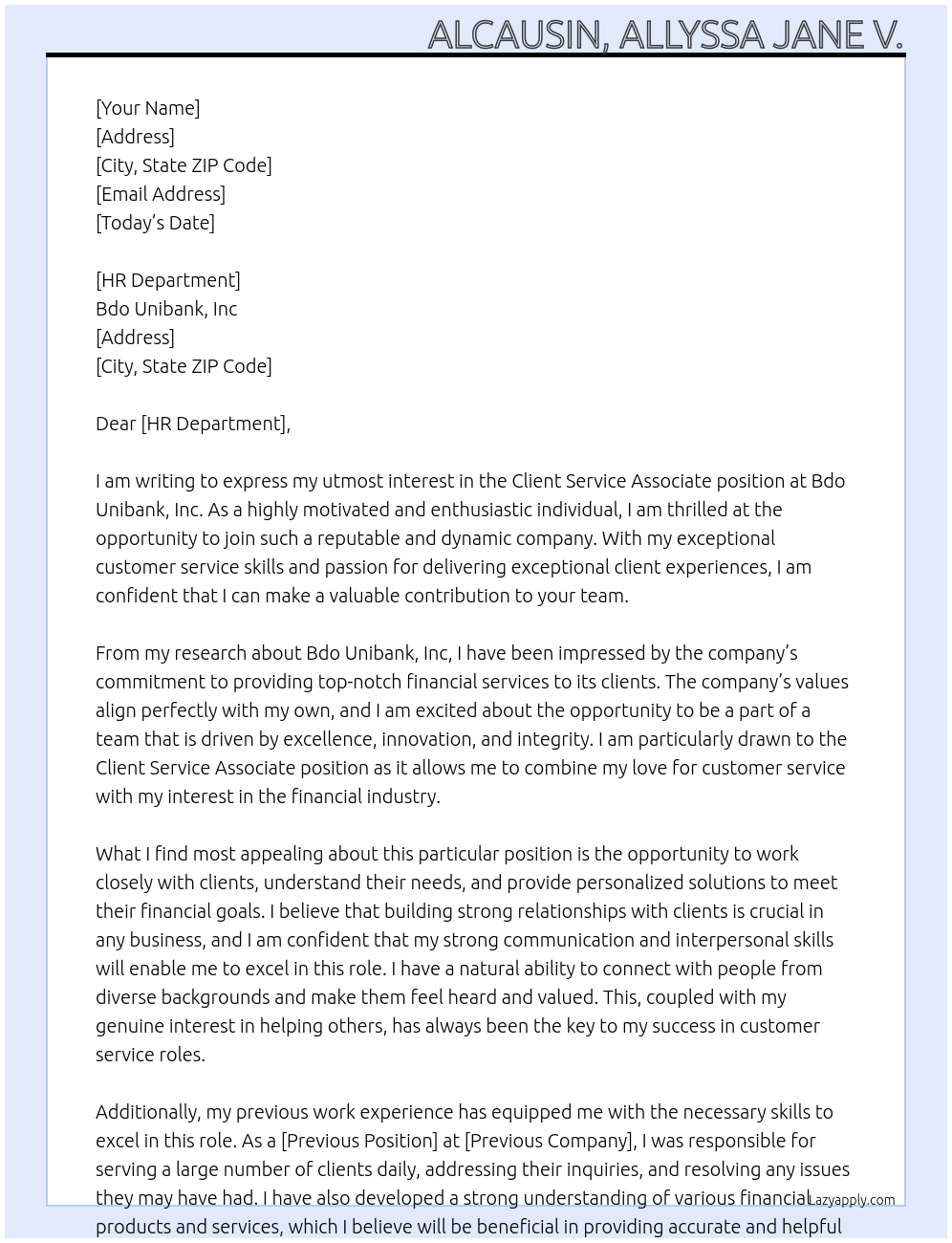 Client Service Associate At Bdo Unibank, Inc Cover Letter