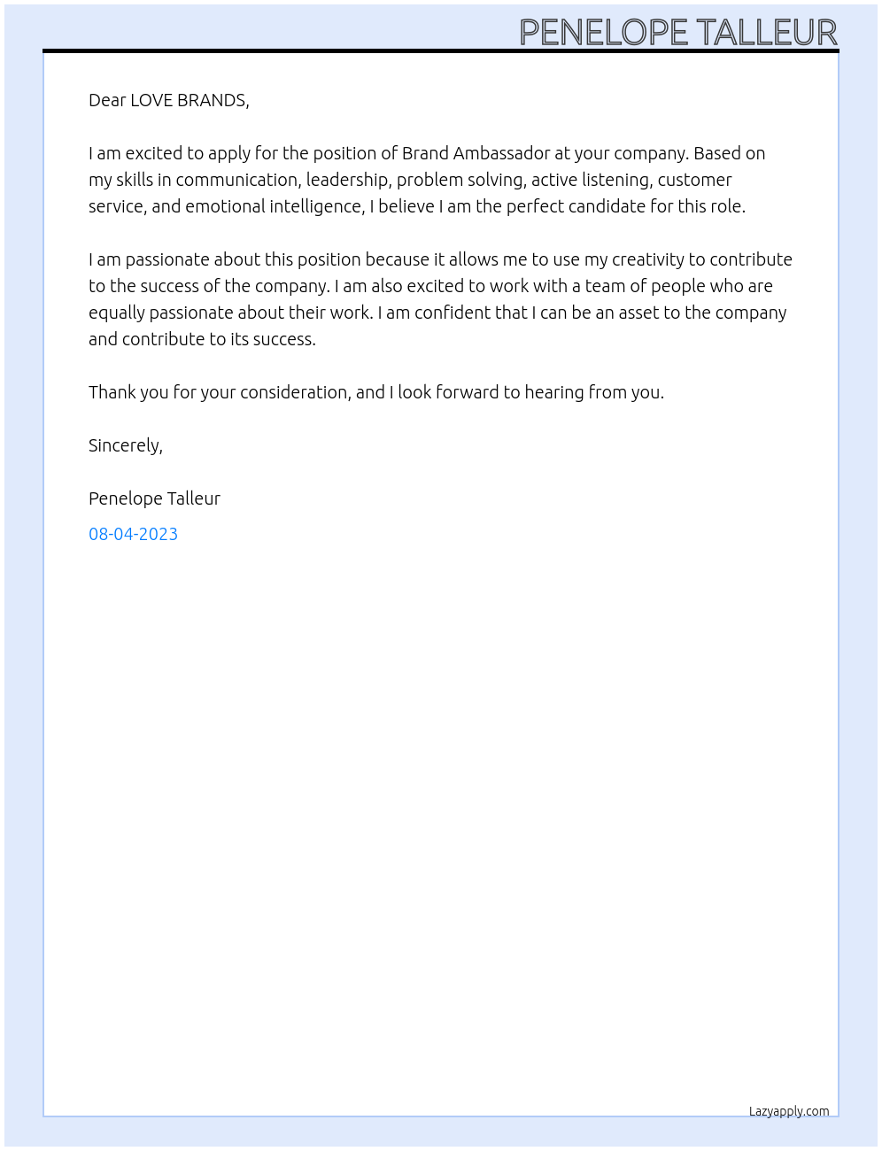 Brand Ambassador At LOVE BRANDS Cover Letter