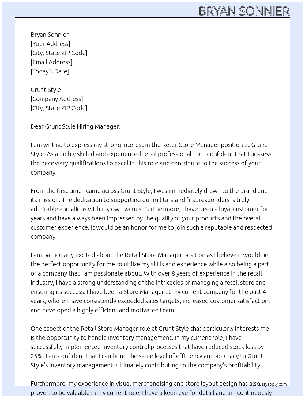 Retail Store Manager At Grunt Style Cover Letter