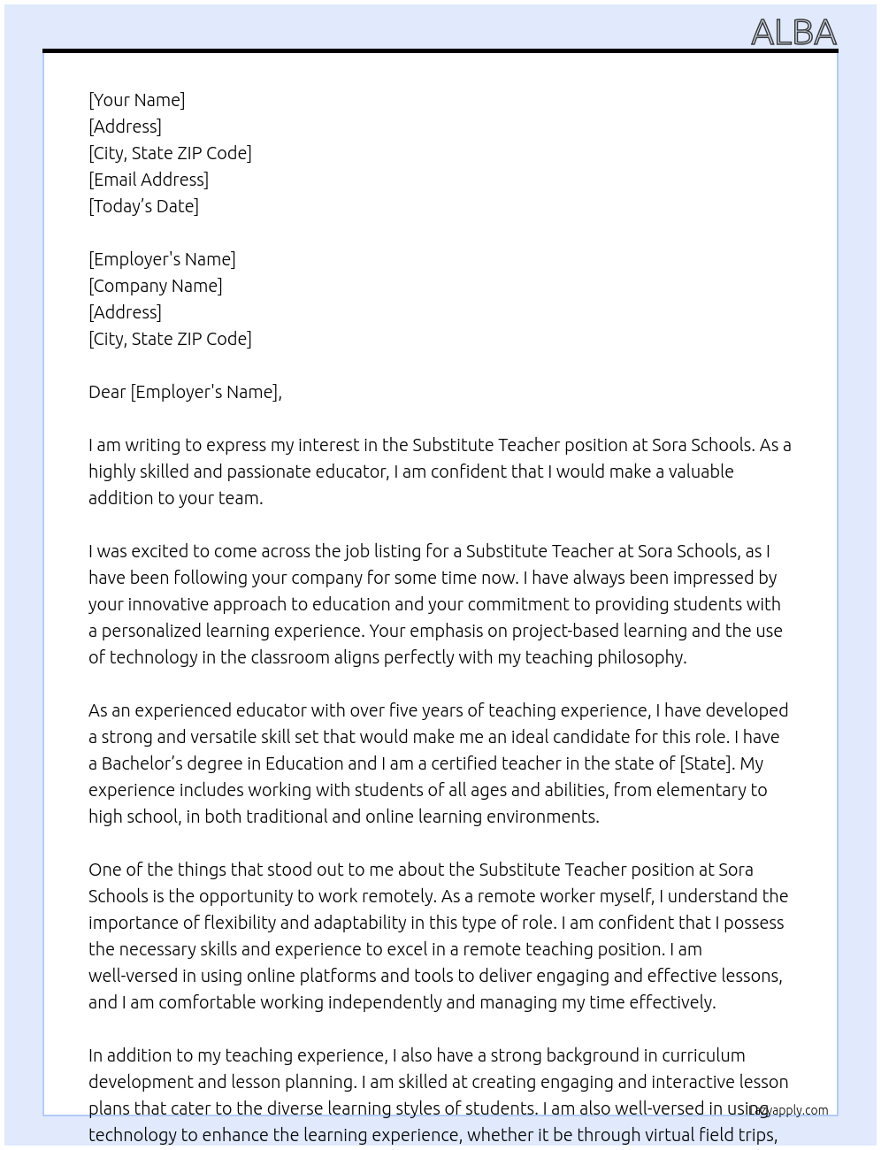substitute teacher At Sora Schoools Cover Letter