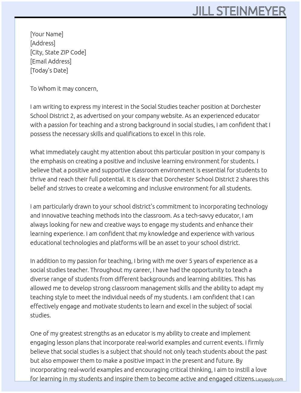 Social Studies teacher At Dorchester School District 2 Cover Letter