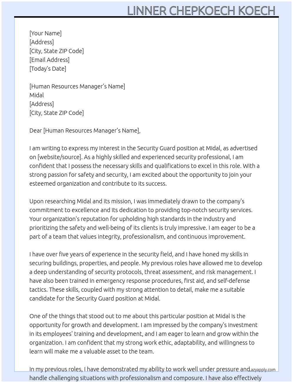 security guard At midal Cover Letter