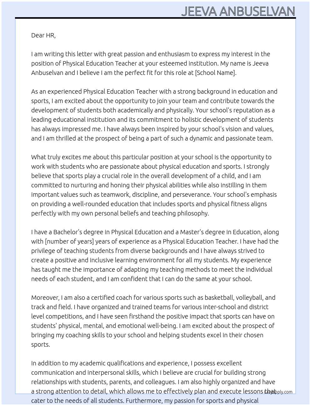 Physical Education Teacher At School Cover Letter