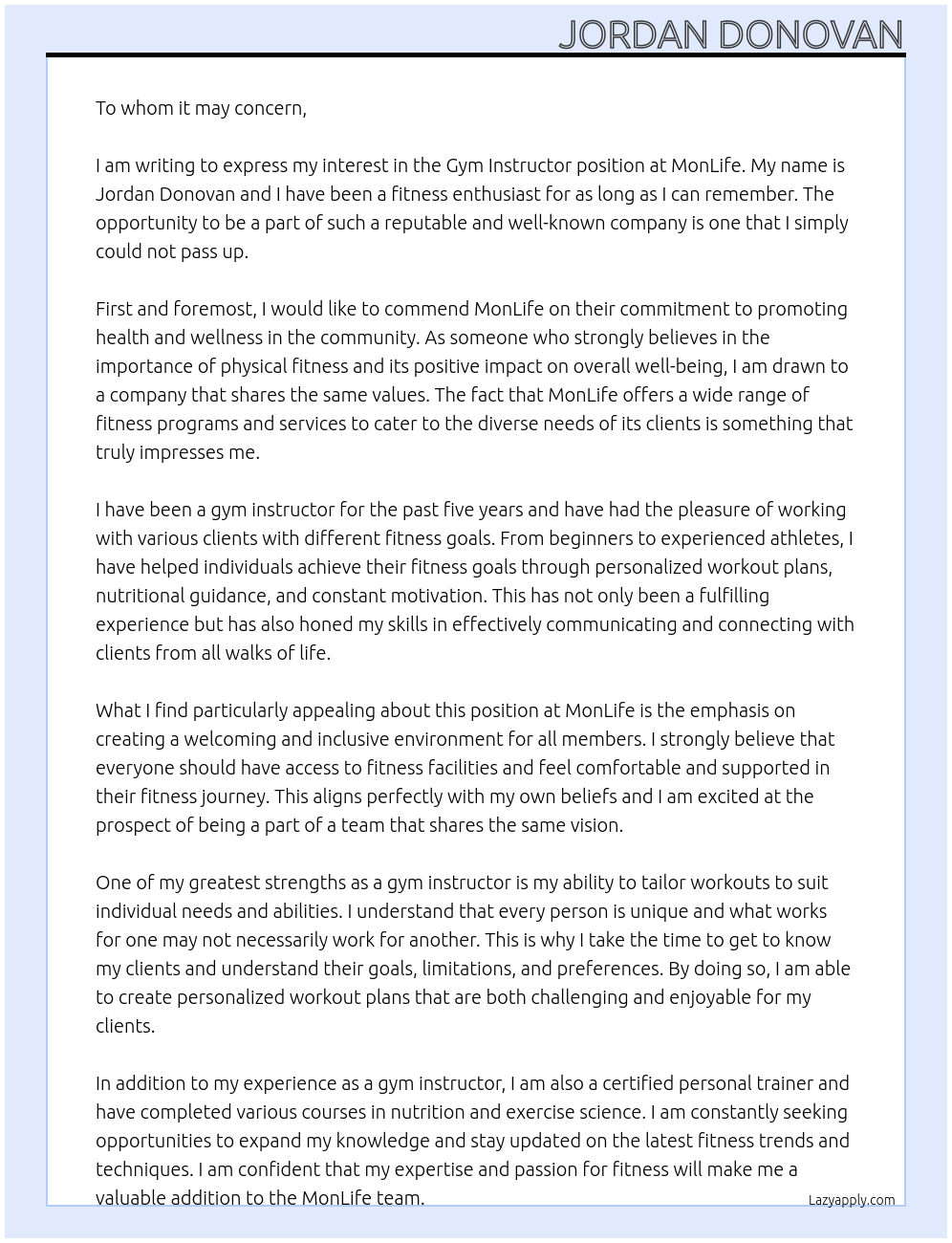 Gym instructor At MonLife Cover Letter