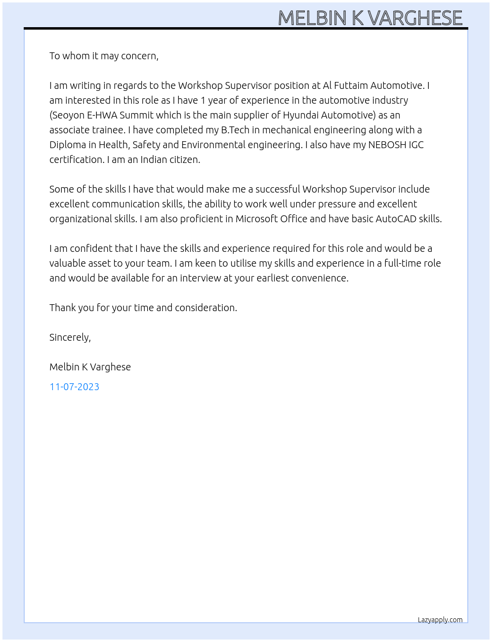 Workshop Supervisor  At Al Futtaim Automotive  Cover Letter