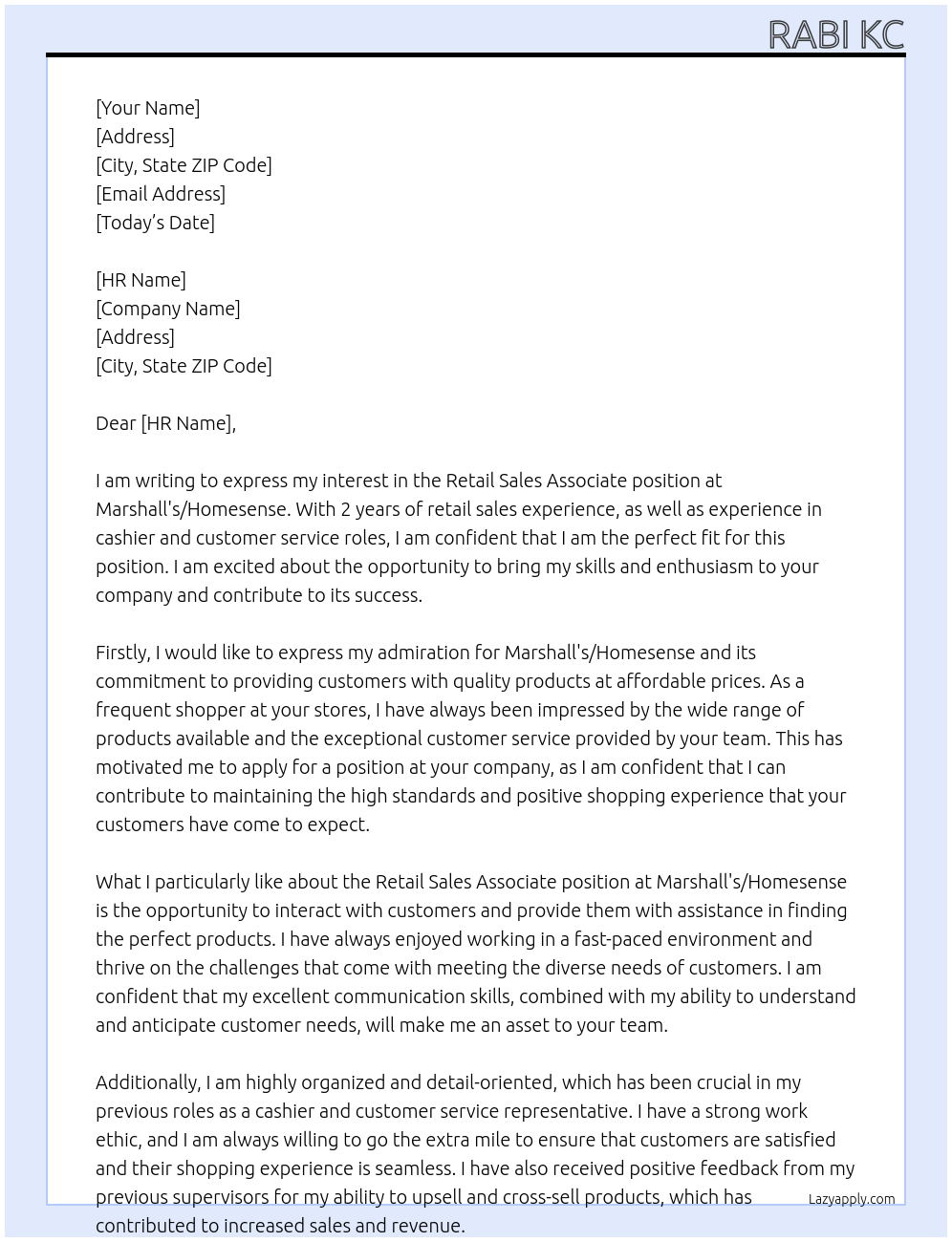 Retail Sales Associates  At Marshall's/Homesense Cover Letter