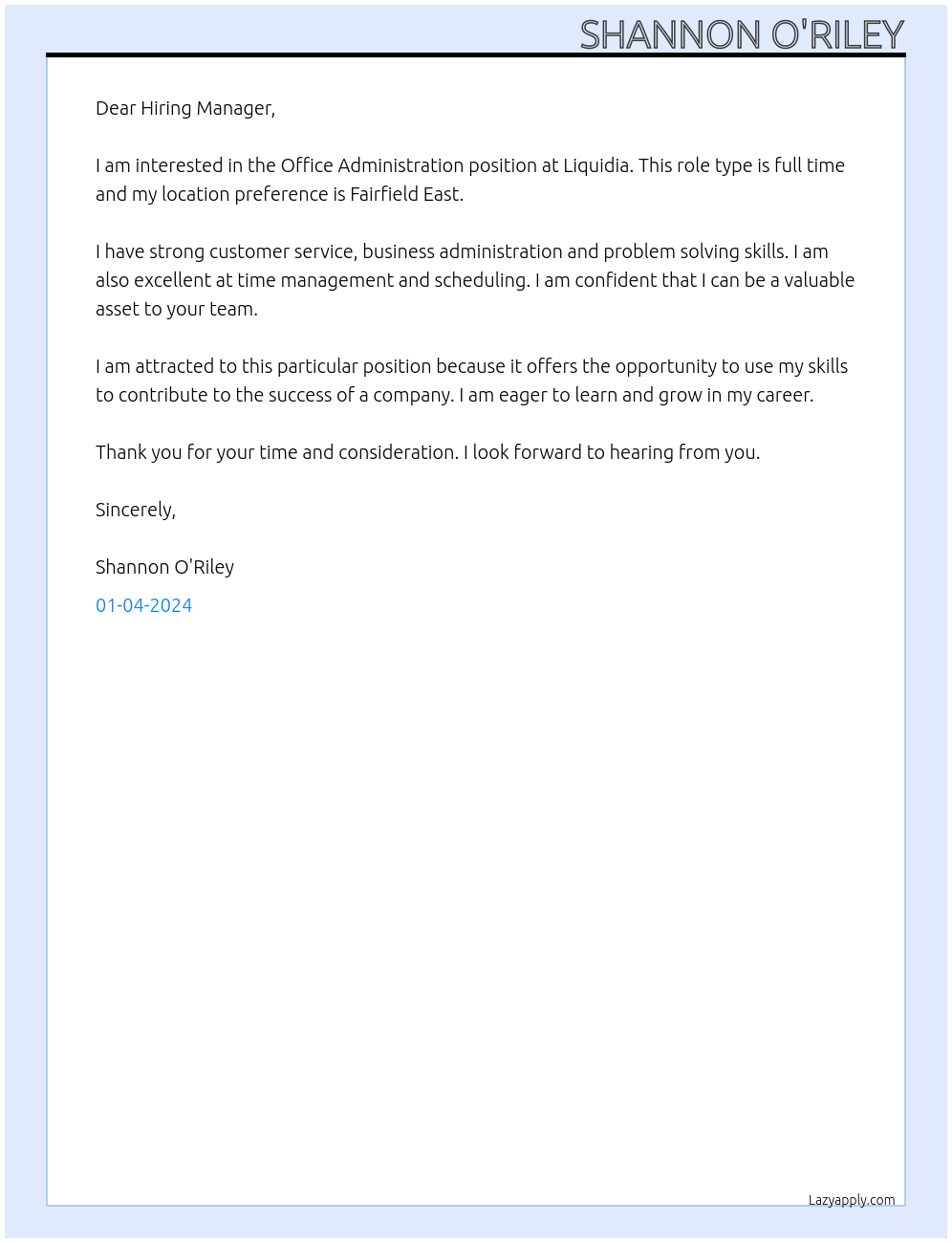 Office Administration At Liquidia Cover Letter