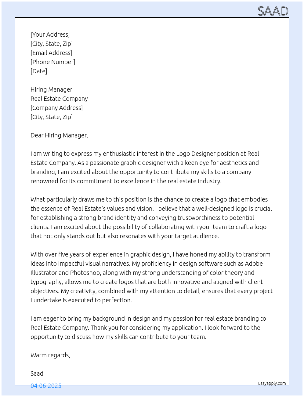 logo dezined At real estate Cover Letter