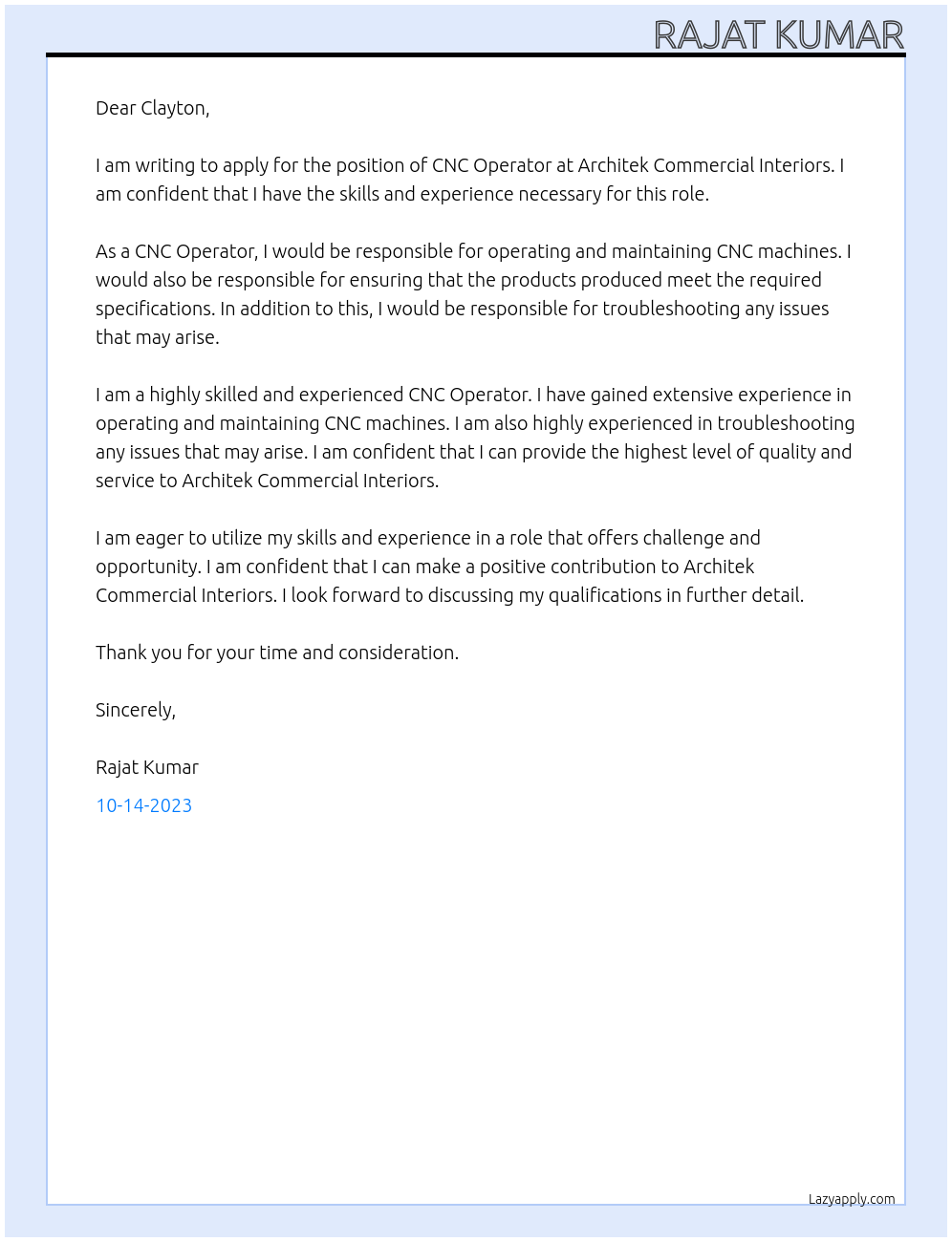 CNC OPERATOR At Architek commercial interiors Cover Letter