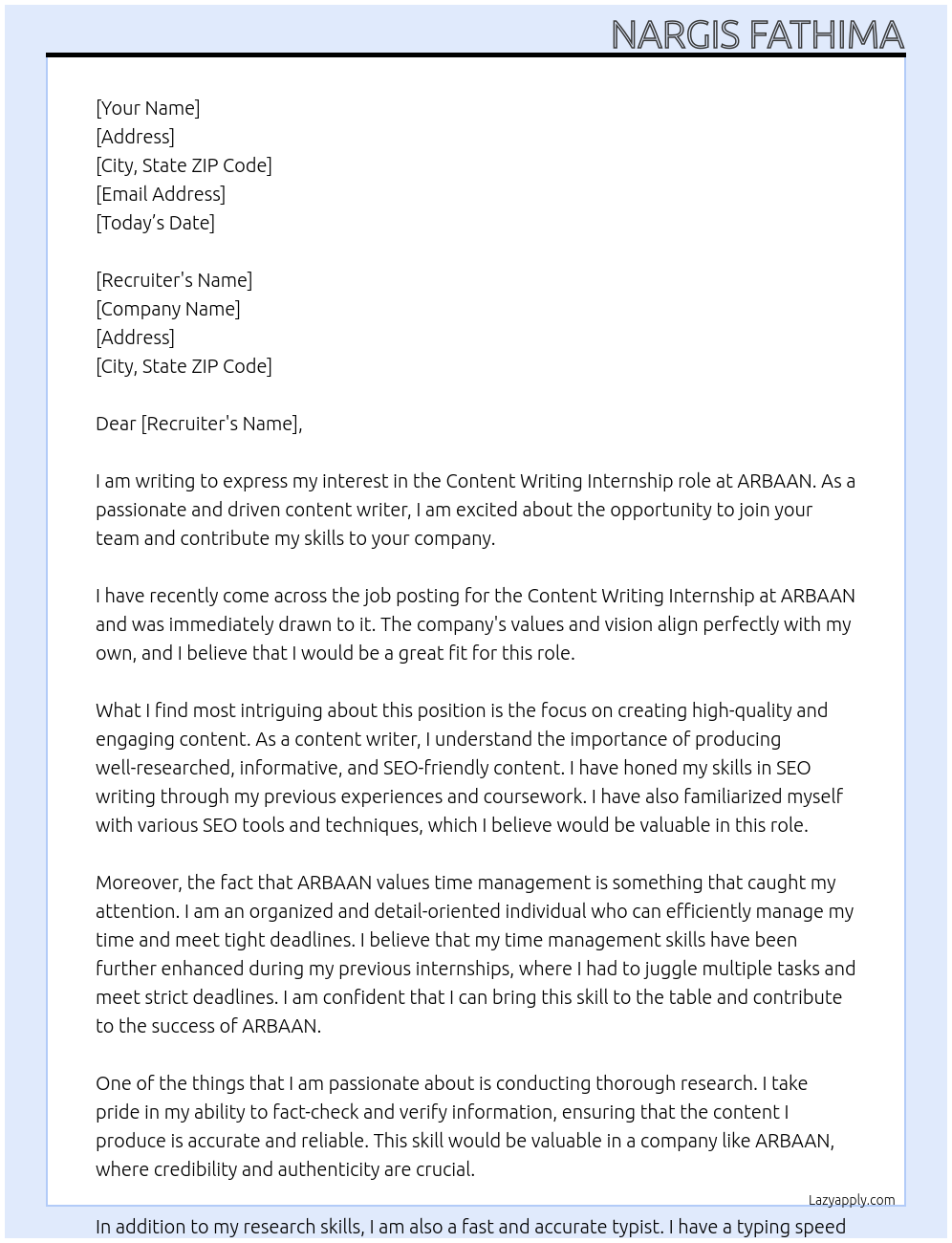 content writing At ARBAAN Cover Letter