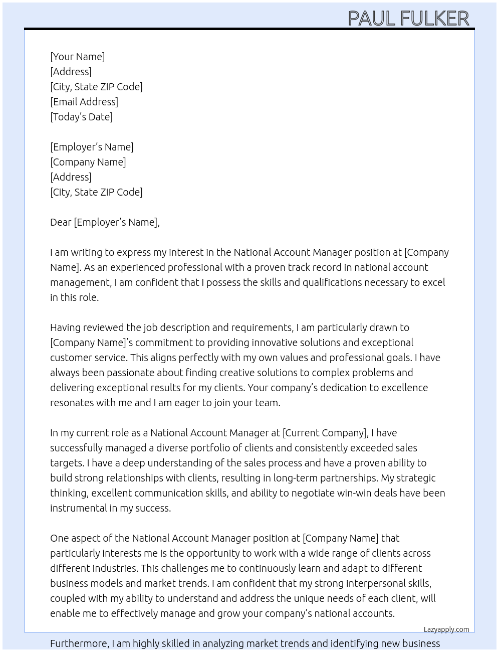 National Account Manager  At . Cover Letter