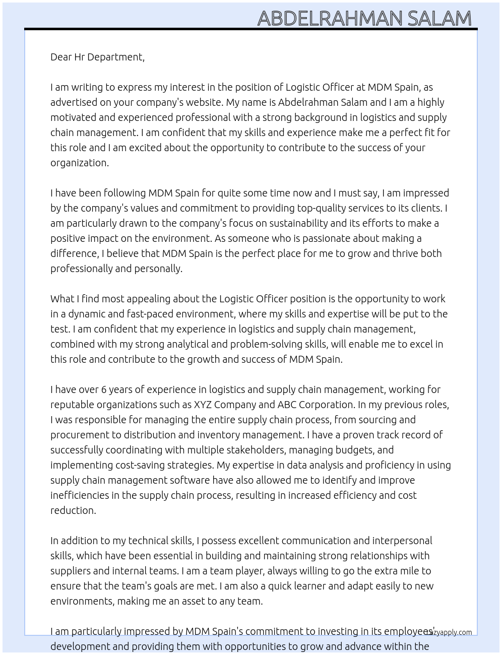 Logistic Officer At MDM Spain Cover Letter