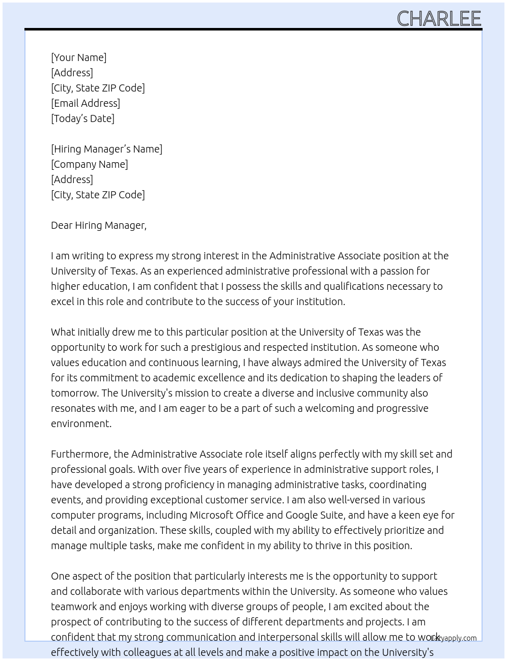 Administrative Associate At University of Texas Cover Letter