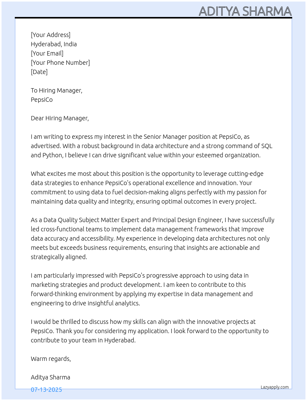 Senior Manager At PepsiCo Cover Letter