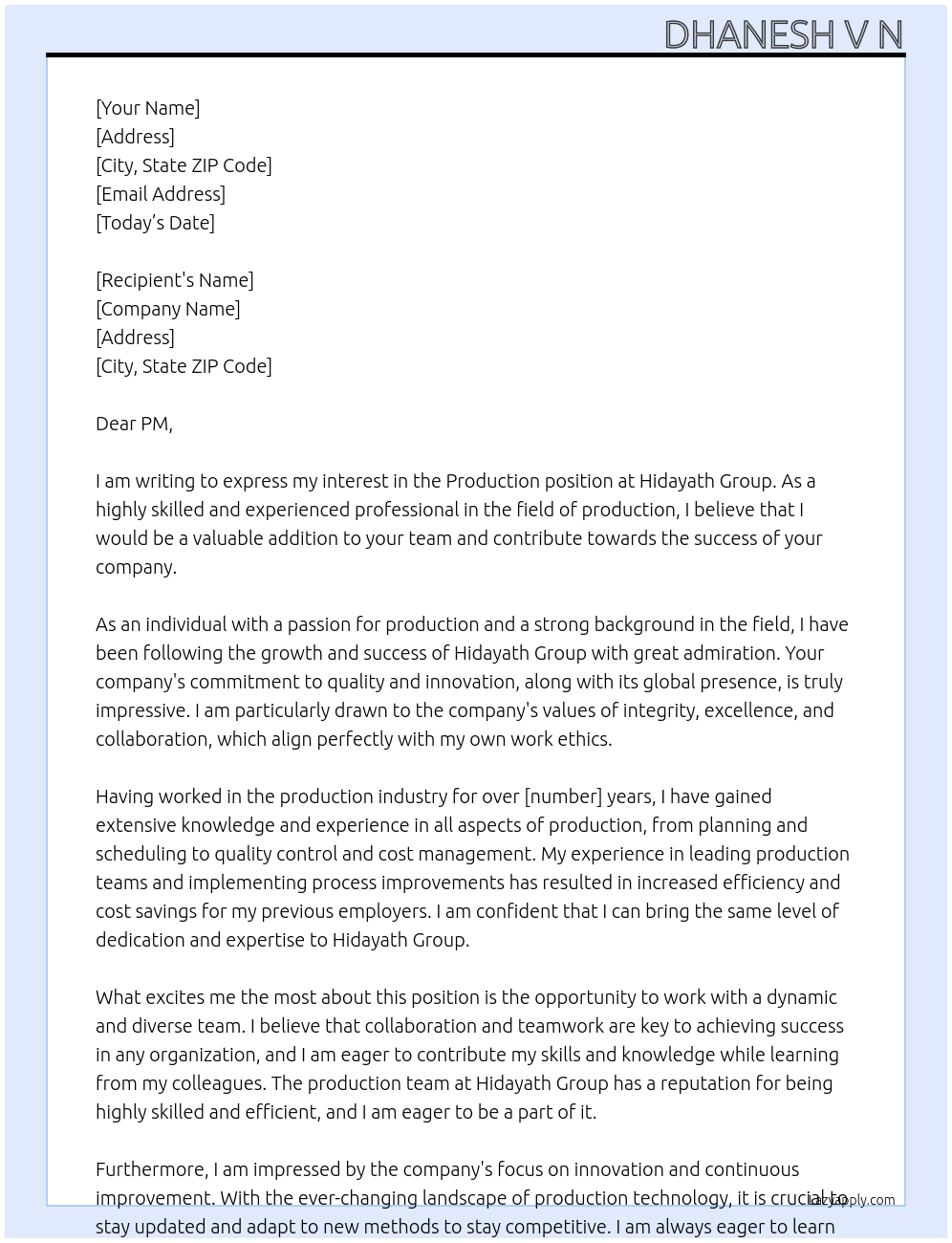 Production At Hidayath Group Cover Letter