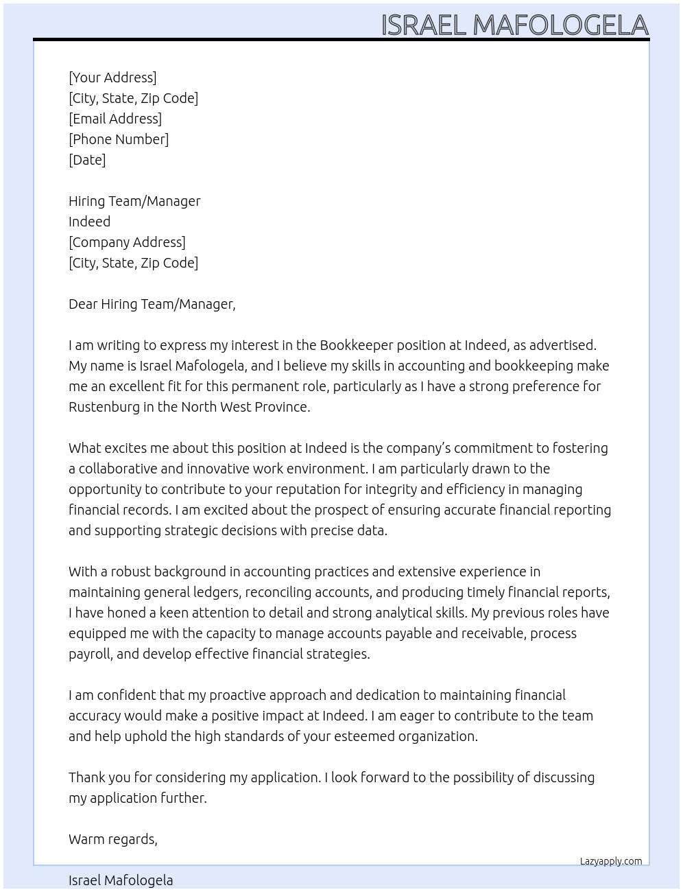 Bookkeeper At Indeed Cover Letter