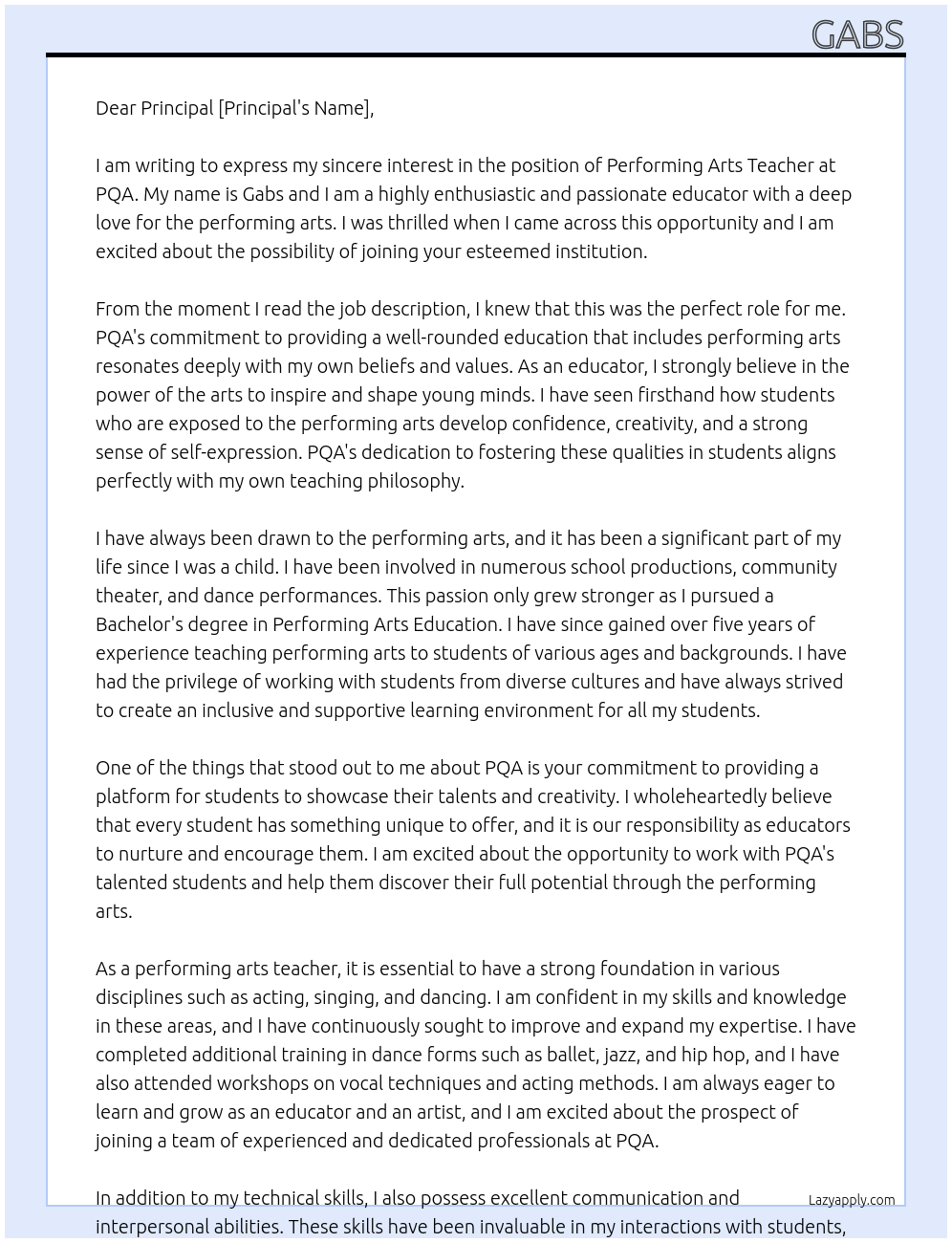 Performing arts teacher  At PQA  Cover Letter