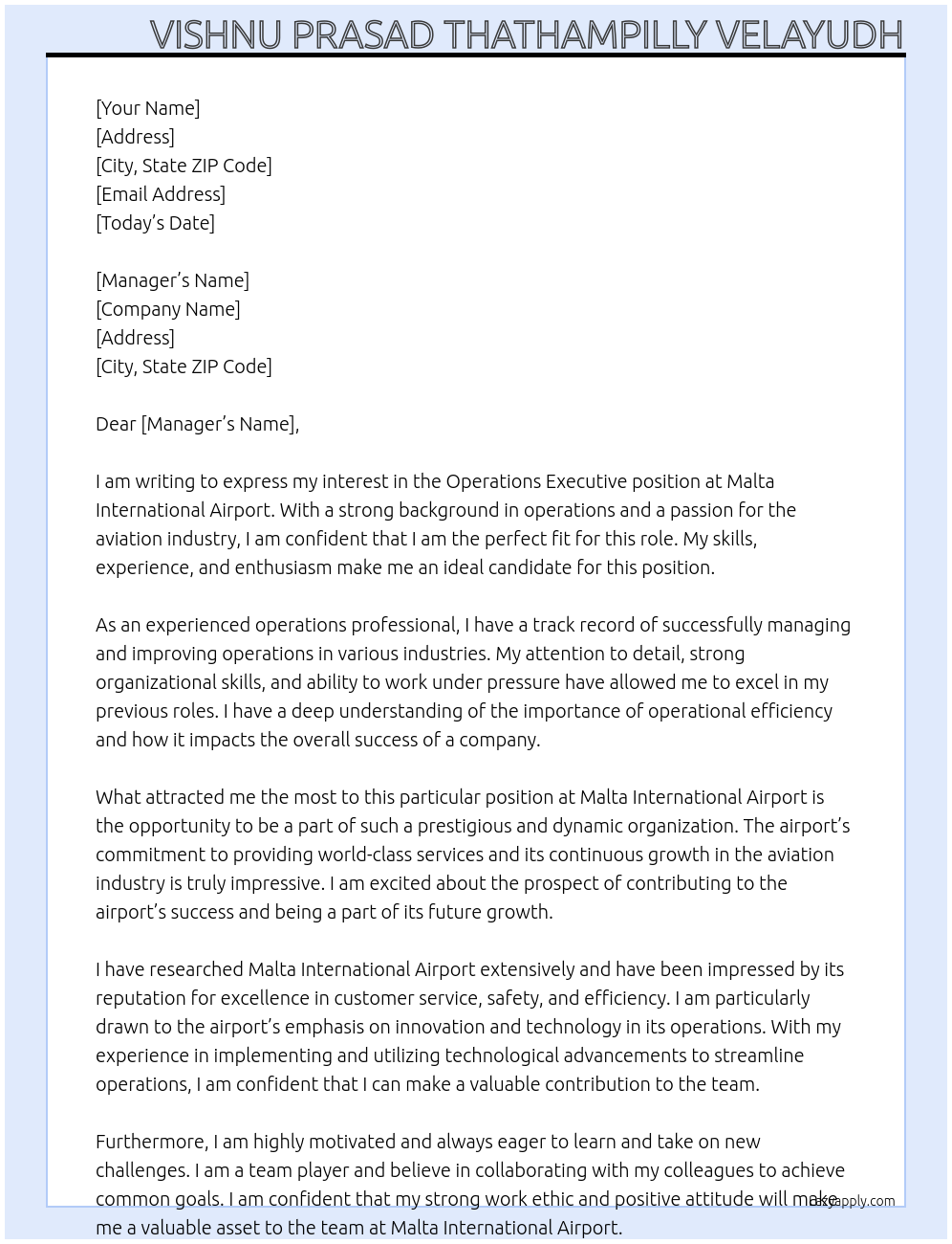 Operations Executive At Malta International Airport Cover Letter