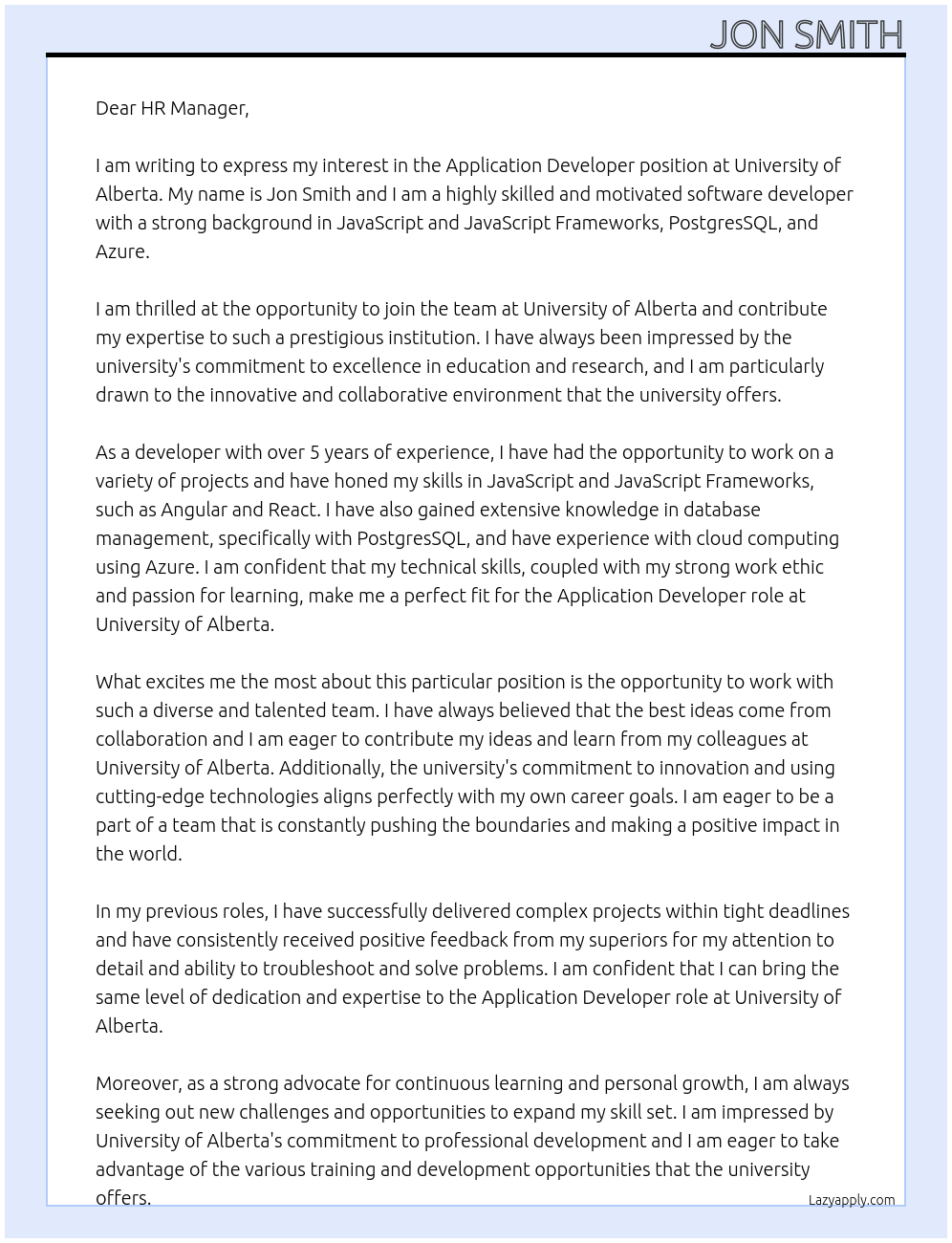 Application Developer At University of Alberta Cover Letter